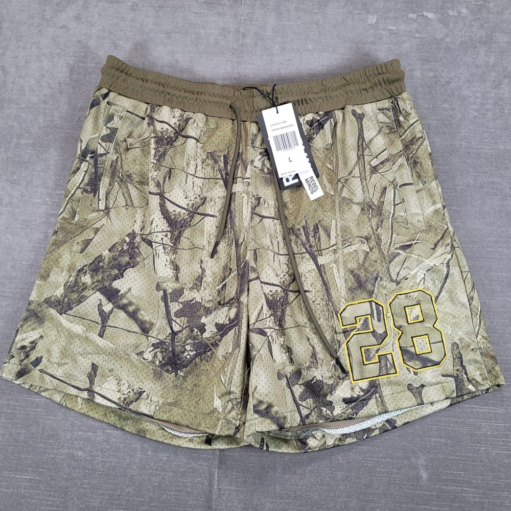 REBEL MINDS Woodland Camo Mesh Shorts Size L 28‎ Embroidered Athletic
